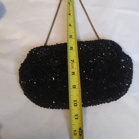 Vintage made in Hong Kong  black Beaded and Sequined clutch handbag kiss clasp - Picture 14 of 17